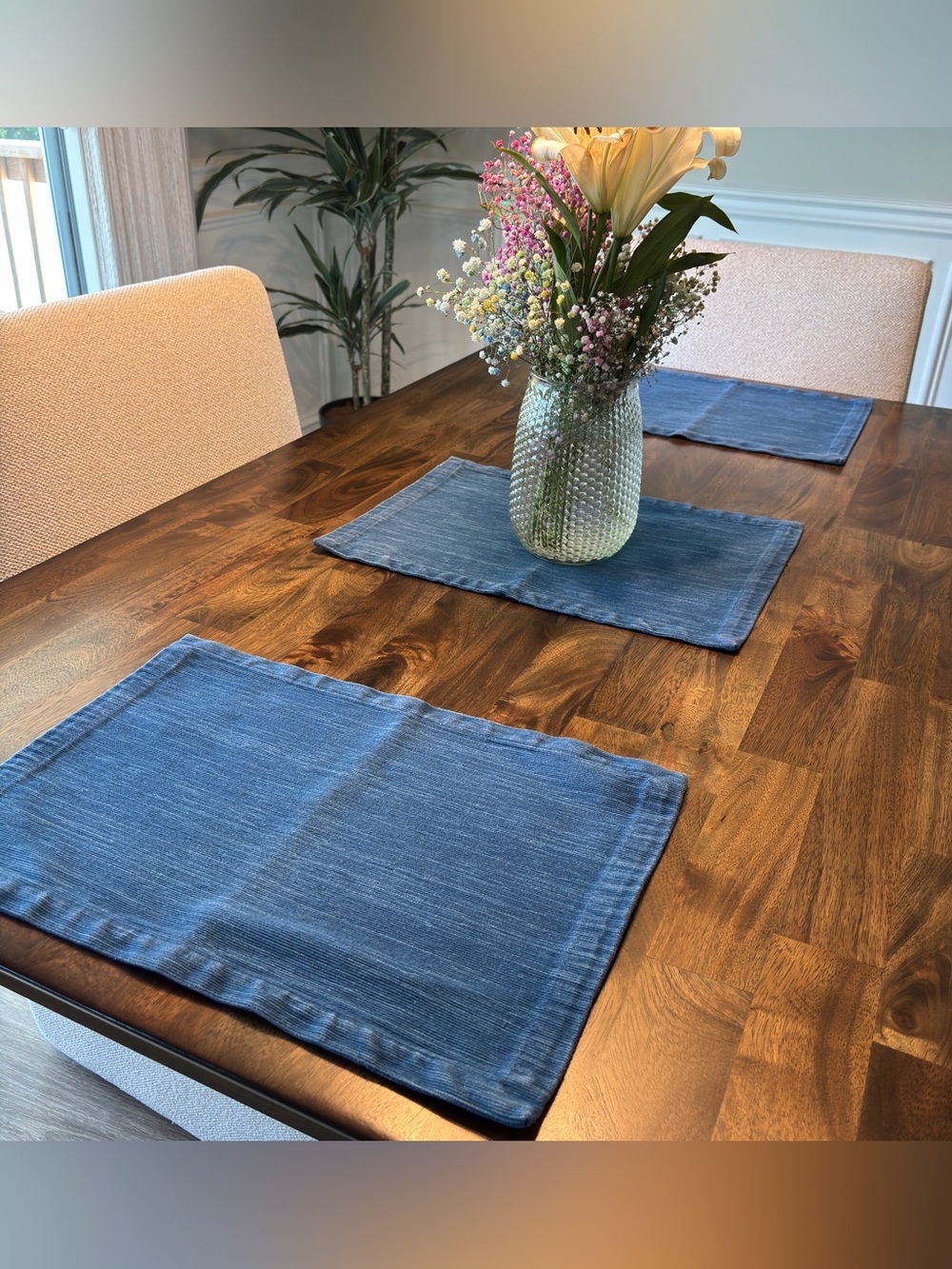 3 Crate&Barrel blue grass cloth placemats